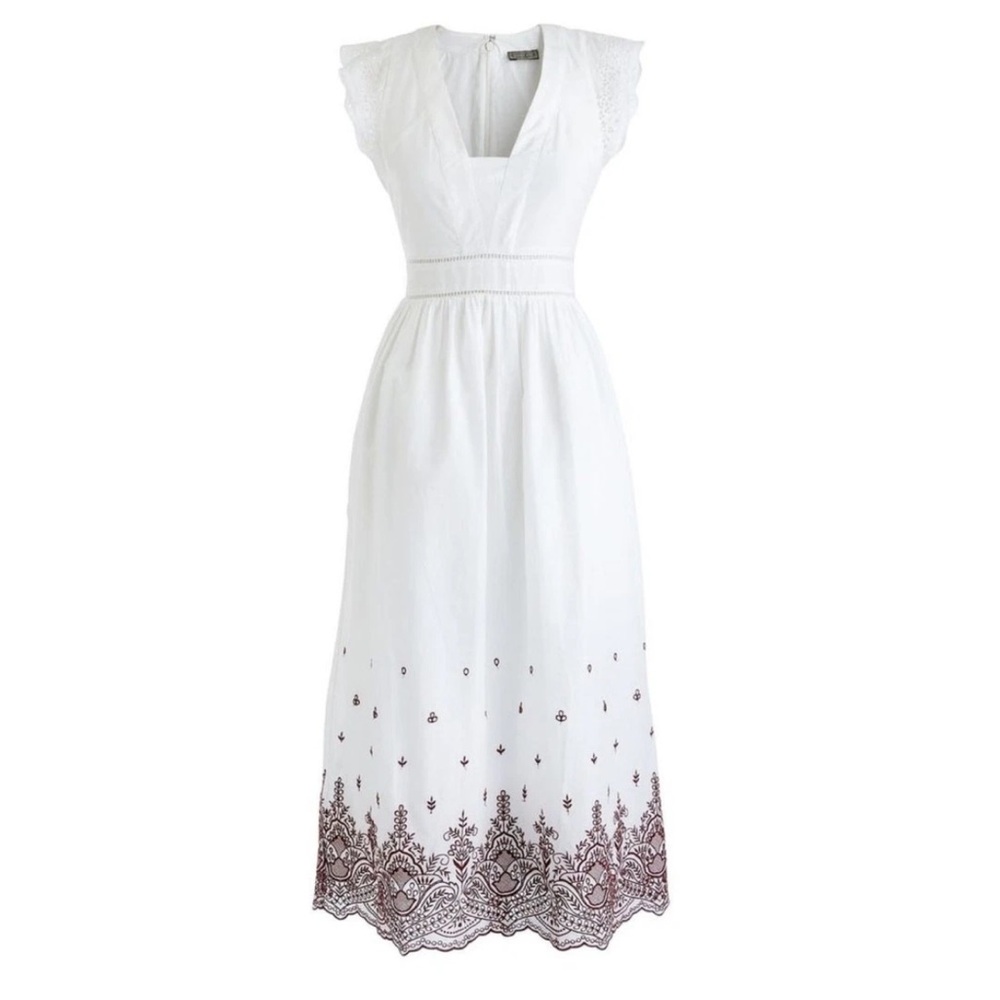 Point Sur Cotton Embroidered Midi Dress Size 2 White Eyelet Flutter Sleeve Lined